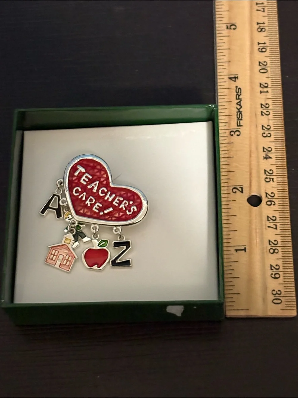Teacher's Care Brooch red enamel heart with dangling charms. New in box.